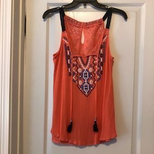 Coral and navy boho top